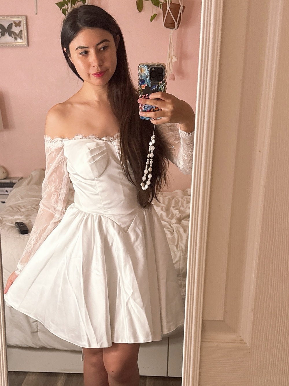 Off-Shoulder White Lace Sleeve Fit & Flare Dress
